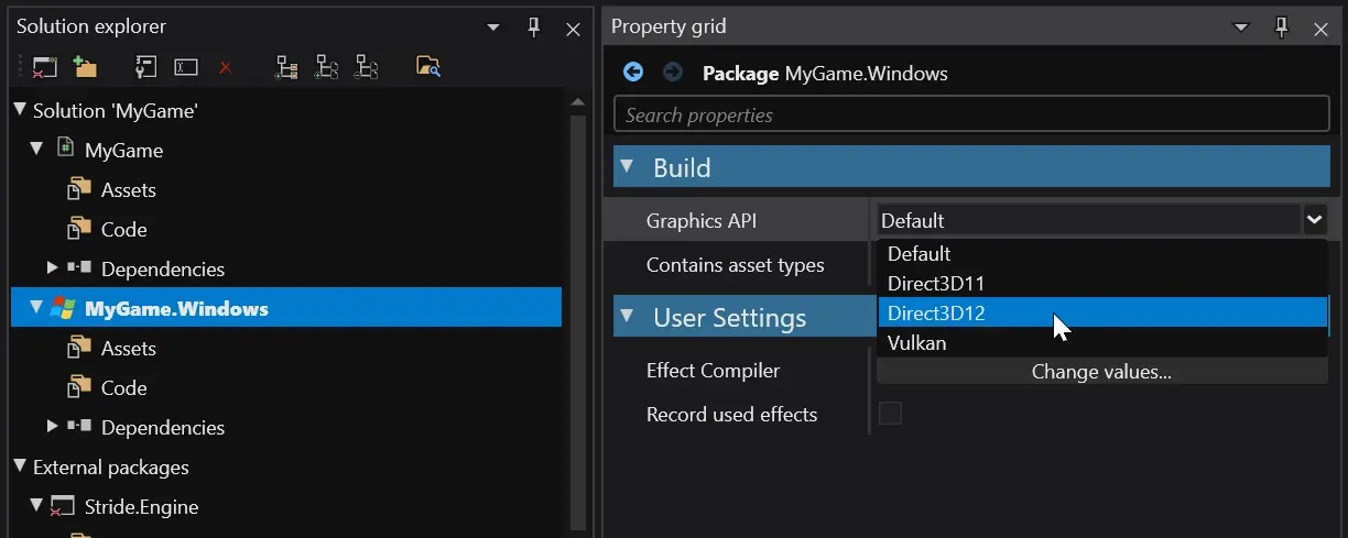 Selecting a Windows project package's graphics API from the Property grid.