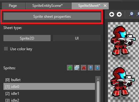 Sprite sheet properties button